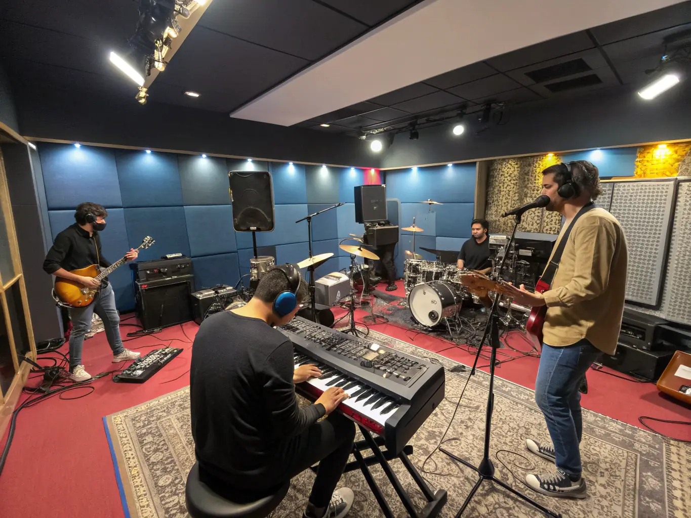 A vibrant image depicting a music workshop where young musicians are collaborating and learning from experienced mentors, showcasing THE BAKERS' commitment to nurturing talent.