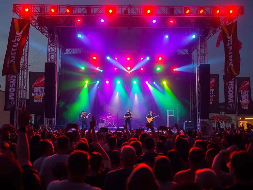 An image of a community music festival organized by THE BAKERS, showing diverse performers and an enthusiastic audience, emphasizing the organization's role in promoting cultural events.