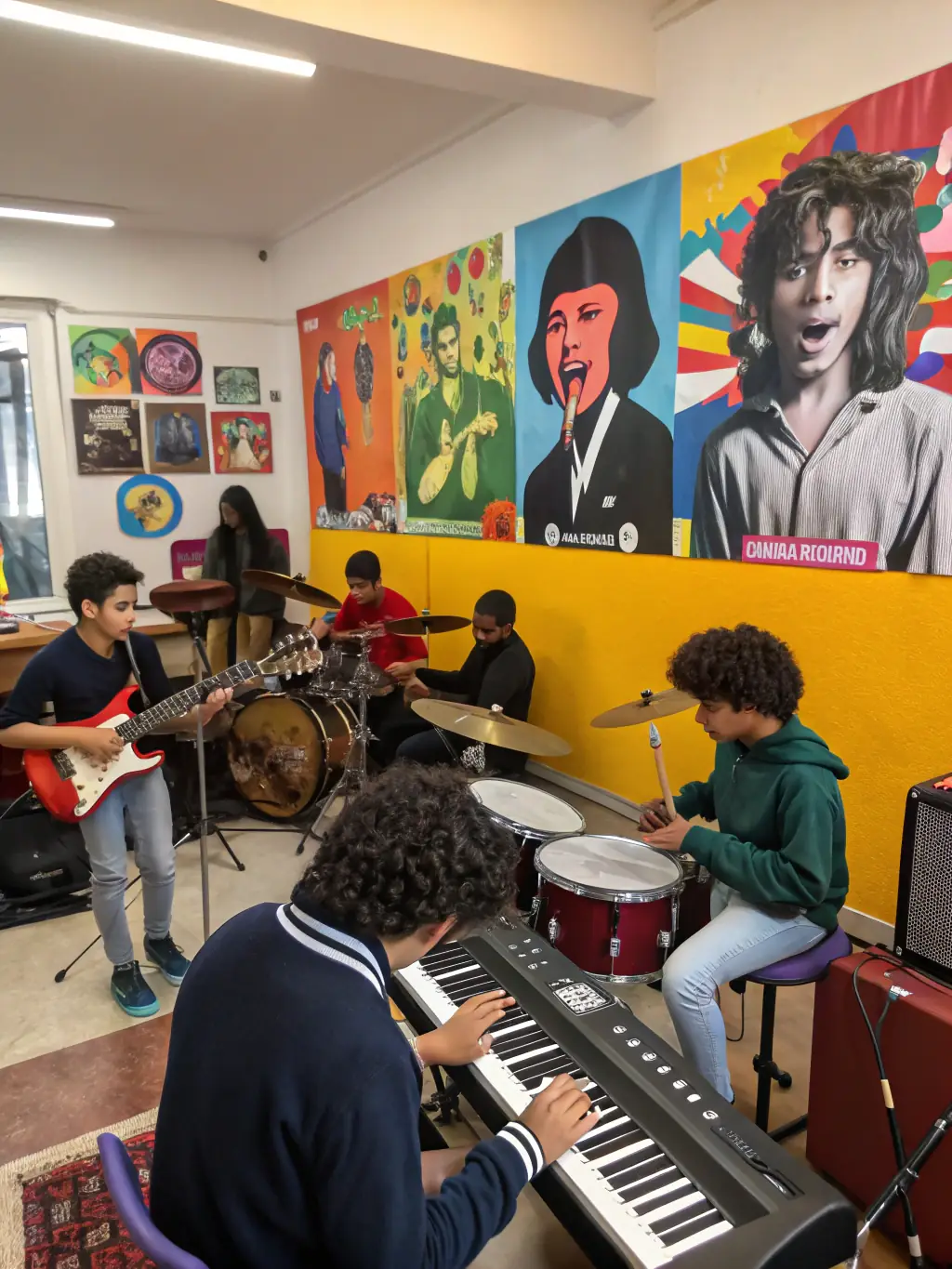 A picture of a music workshop facilitated by THE BAKERS, showing participants actively engaged in learning new skills and techniques from experienced instructors.