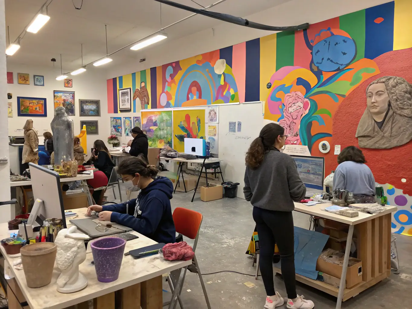 An inspiring image of artists in residence working in a creative studio space provided by THE BAKERS, emphasizing the organization's support for artistic creation.