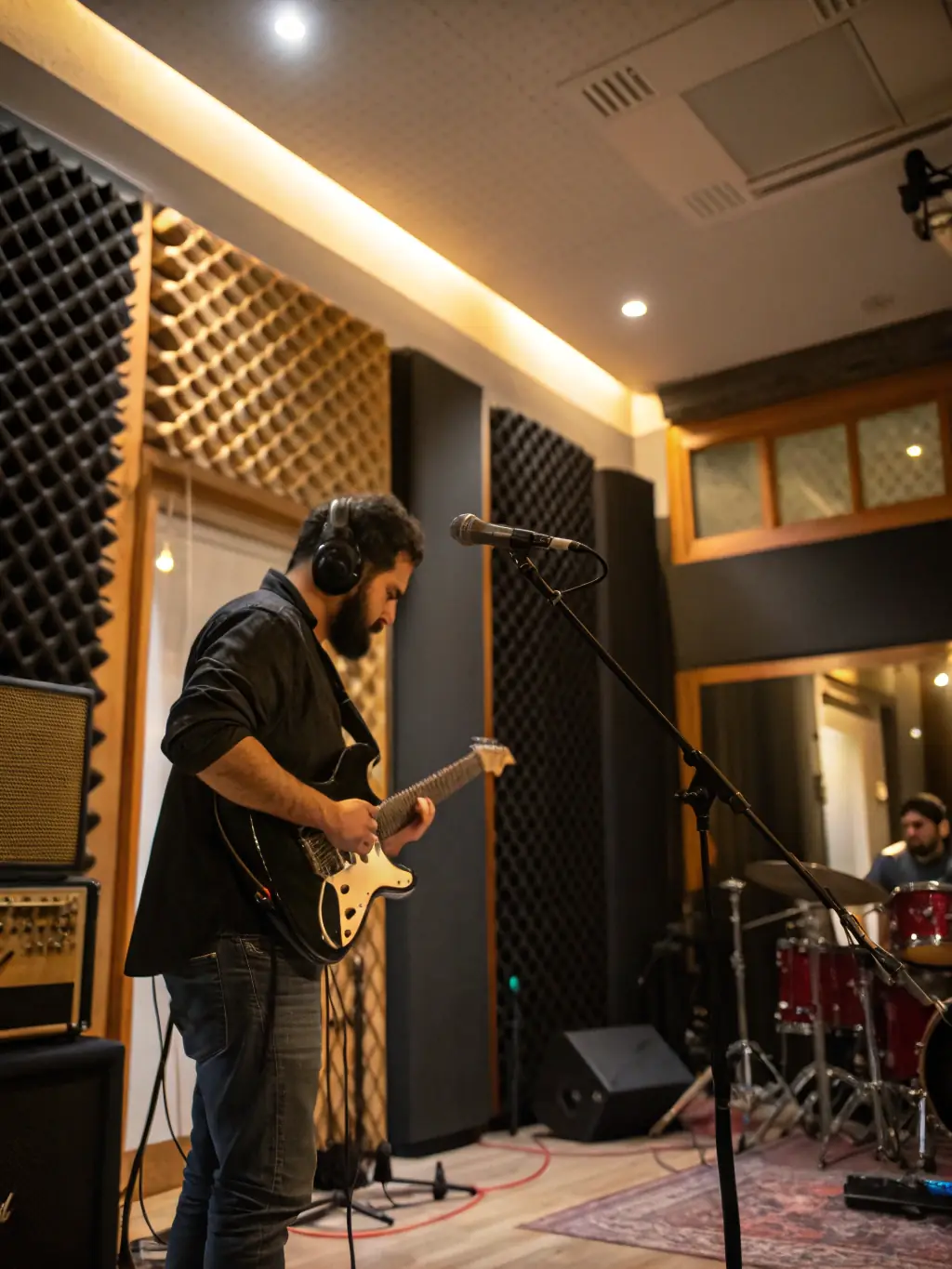 A photo of a THE BAKERS-funded recording studio session, featuring musicians collaborating and recording original music, emphasizing the organization's support for artistic creation.