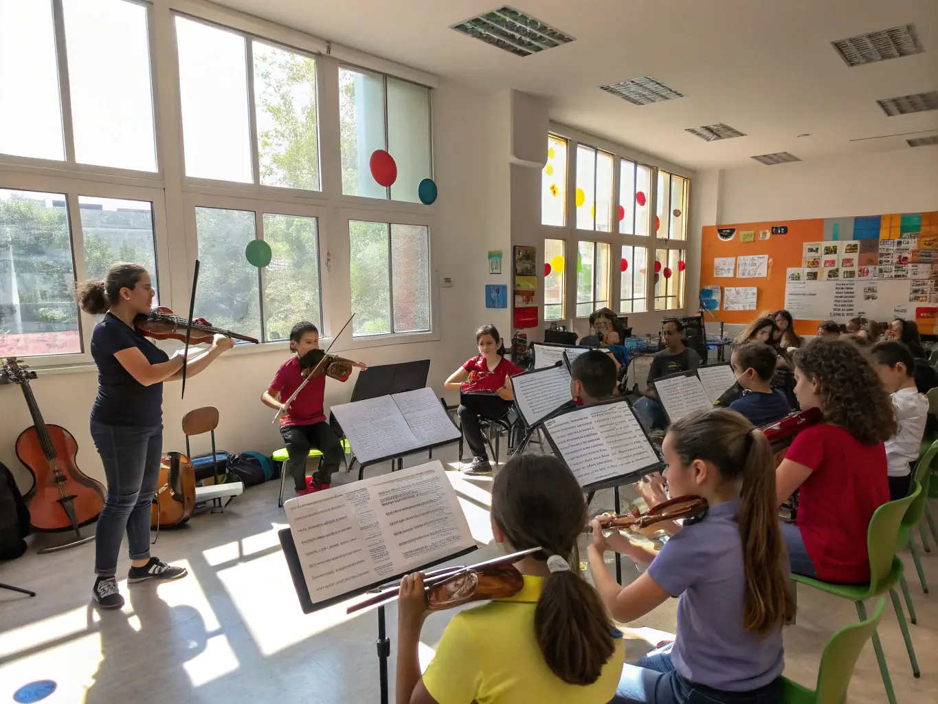 A photograph capturing a lively music workshop where young musicians are learning from experienced professionals, highlighting THE BAKERS' commitment to music education.