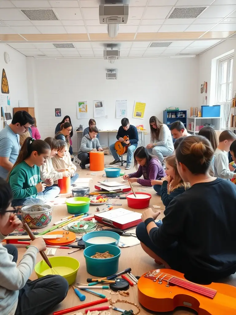 A photo of a THE BAKERS-funded music workshop, with participants actively engaged in learning and creating music under the guidance of experienced instructors.