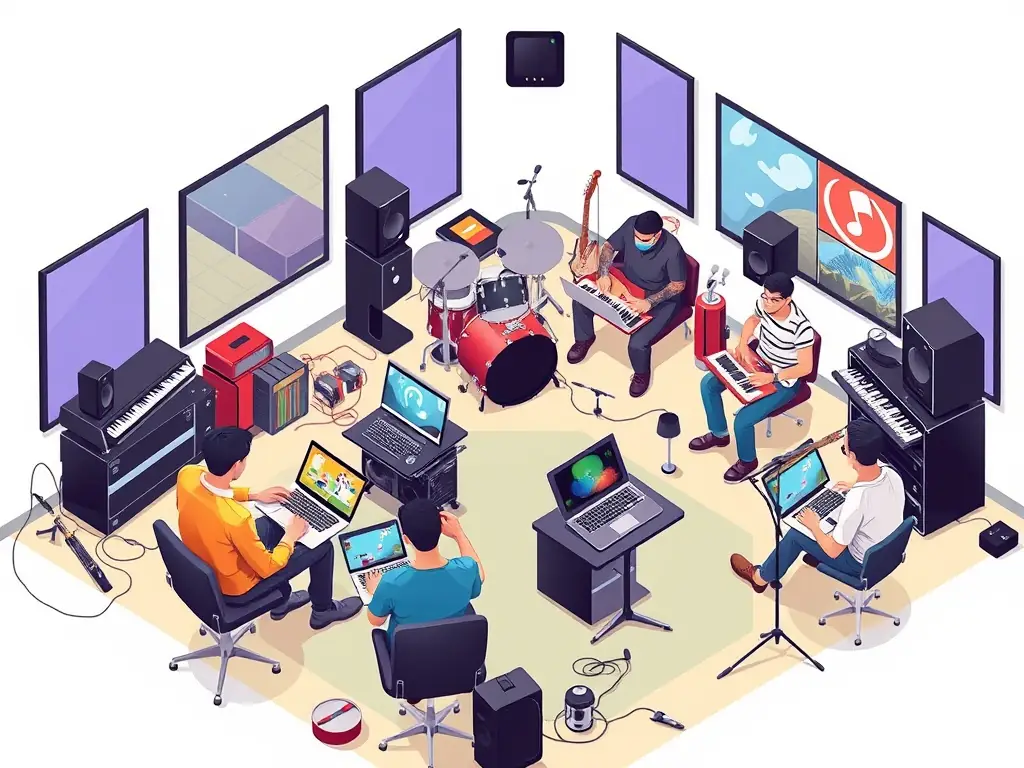 A vibrant image of a diverse group of musicians collaborating in a recording studio, showcasing THE BAKERS' support for artistic creation and collaboration.