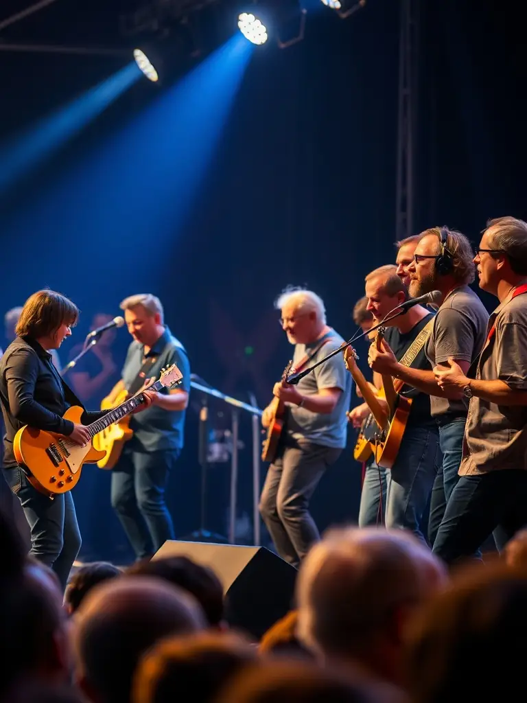 A vibrant photograph capturing a live music performance at a THE BAKERS-sponsored event, showcasing a diverse group of musicians and audience members.